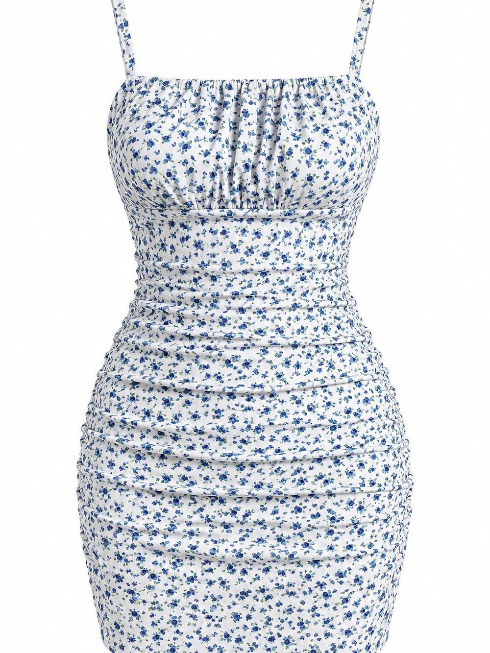 Floral Ruched Bodycon Dress - Blue/White